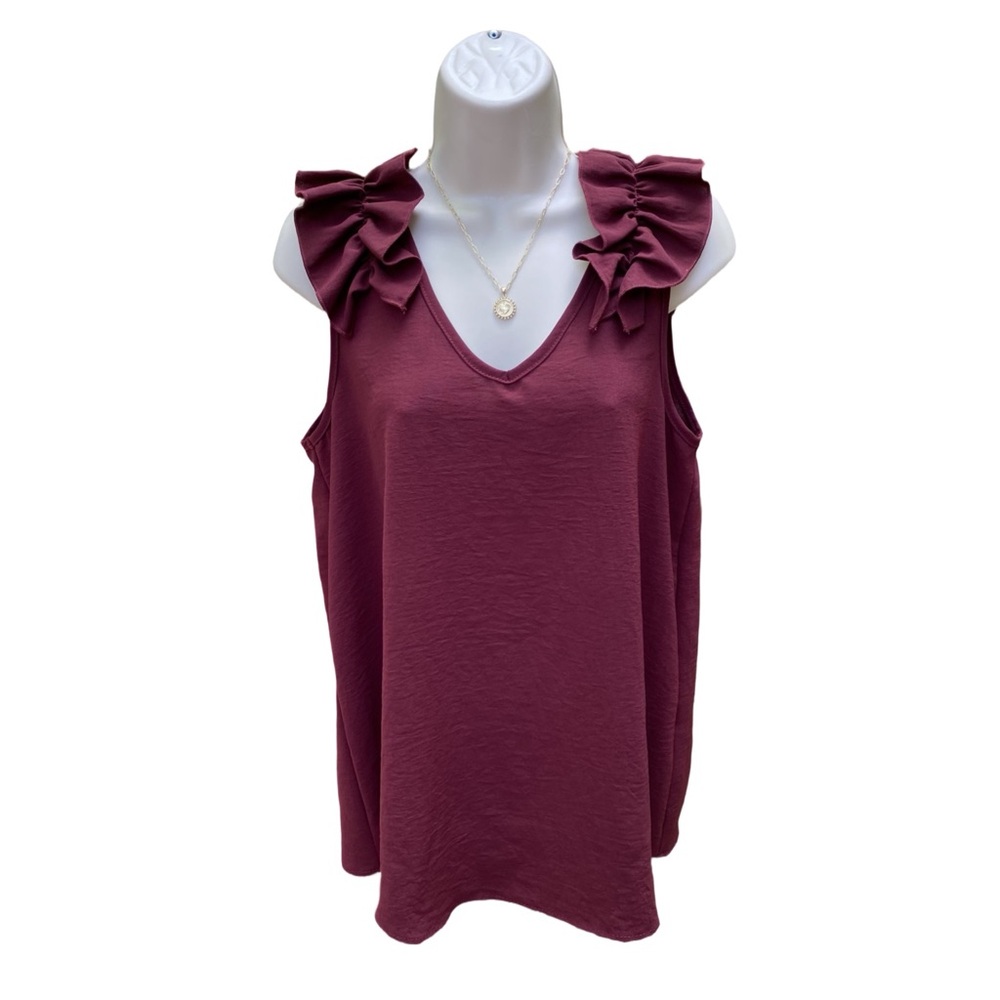 Title: Entro Burgundy Sleeveless Ruffle Blouse Size Medium